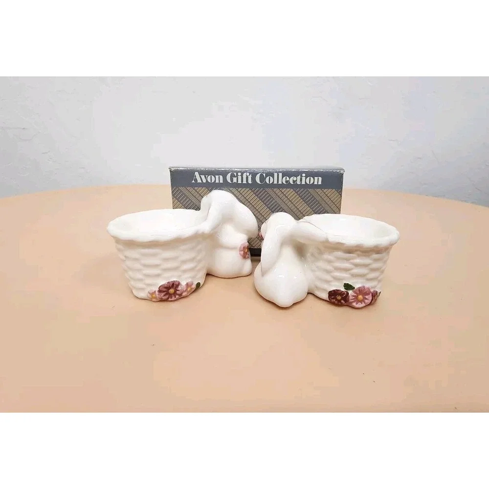 Vintage 1982 Avon Set Of 2 Ceramic Bunny Taper Holders.‎ Made In Brazil